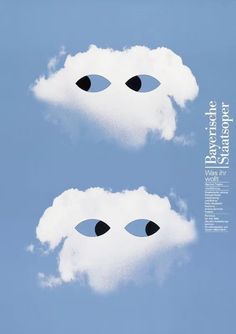 two clouds with eyes are in the sky