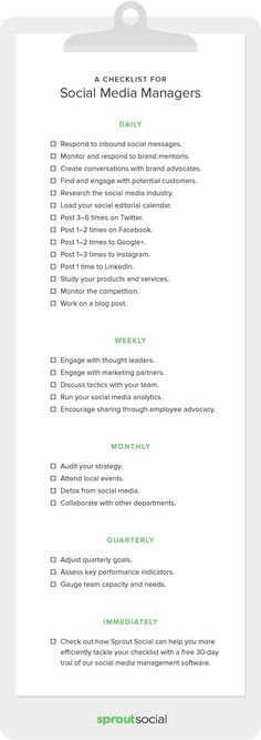 the social media manager's checklist is shown in green and white, as well as