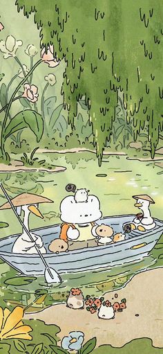 an image of a cartoon scene with people in a boat on the water and ducks