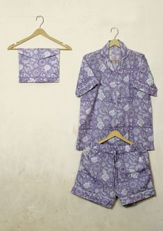 Women Short PJ Set, Lightweight Nightwear, Hand Block Printed Panamas, Bridesmaid Gift, Comfortable Short Pajamas Women Wear morning tea set Please MESSAGE us for CUSTOM ORDERS  Product: 100% Cotton Pajama set with 2 Pockets in Shorts & 1 pocket in shirt Items - Two Piece Nightwear Set : Pajama, Top (Pajama Sets) Shirt: Half Sleeves, button closure with collar. Fit: Relaxed fit Breathable & comfortable, Cotton Pajama Set made From Hand block Printed Fabric.It is hand printed fabric using natural Printed Cotton Pajama Shorts For Bedtime, Printed Cotton Pajama Shorts For Sleep, Cotton Printed Pajama Shorts For Bedtime, Cotton Pajama Shorts Matching Set For Sleep, Cotton Printed Pajama Shorts For Sleepover, Cotton Short Sleeve Pajama Party Sets, Cotton Short Sleeve Sets For Pajama Party, Relaxed Fit Printed Sets For Sleepover, Casual Lavender Cotton Sleepwear