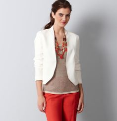 LOFT - Linen Herringbone Collarless Jacket, knife pleats at back hem. Partially lined, 21" long. Coral Pants, Outfit Collection, Office Wear Women, Collarless Jacket, Professional Style, Fashion Friday, Summer Work, Womens Business Casual, Professional Attire