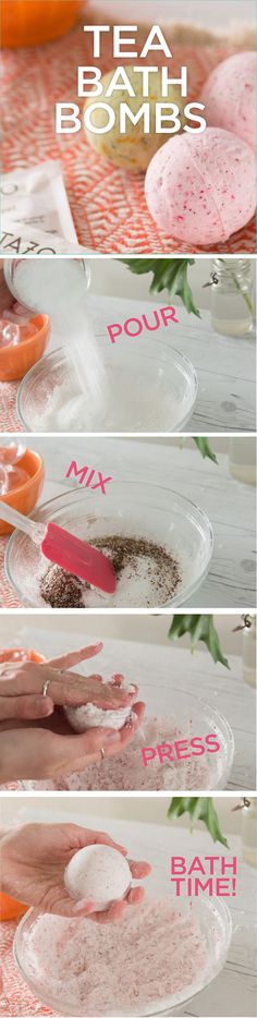 Ingredients: 1 cup cornstarch, ½ cup citric acid, ½ cup baking soda, ½ cup Epsom salt, 2 Tbsp coconut oil, 2 Tazo tea bags (unbagged), 2 Tbsp brewed Tazo tea. Instructions: Remove tea from Tazo filterbags. Combine cornstarch, baking soda and epsom salt in a bowl. Mix in coconut oil and 2 bags of your favorite Tazo tea, then slowly add 2 tablespoons of brewed Tazo Tea to the mixture. Mix, press into molds and you’re ready for bath time! Bath Tea Bags Diy, Bath Boms Diy, Diy Tea Bags, Diy Lush, Bath Tea Bags, Bath Boms, Books And Tea