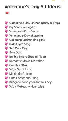 valentine's day vdt ideas list with pink hearts on the bottom and yellow lettering