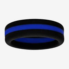 a thin black and blue band ring on a white background