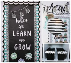 there is a black and white board with words on it that says when we learn we grow