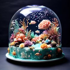 there is a glass dome with an underwater scene on it that has corals and other marine life in it