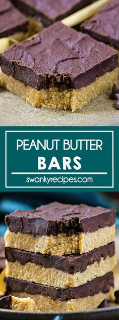 peanut butter bars stacked on top of each other with chocolate frosting in the middle