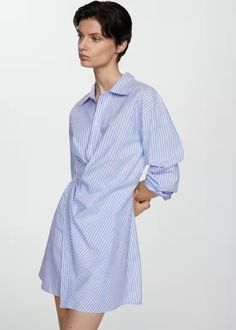 Striped wrap shirt dress - Women | Mango USA Wrap Shirt Dress, What To Wear Fall, European Summer Outfits, Short Design, Stripe Long Sleeve, Wrap Shirt, Striped Shirt Dress, Tailored Design, Poplin Dress