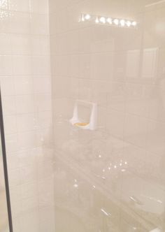 a white toilet sitting next to a walk in shower