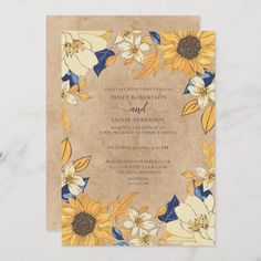 an elegant sunflower wedding card with blue and yellow flowers on the front, in brown paper