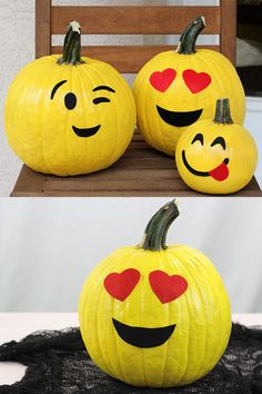 two pumpkins with faces painted on them, one has hearts and the other has eyes