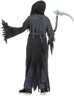 a person in a costume holding a large knife and wearing a black outfit with grey trim