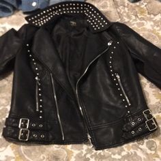 Brand New Jacket Never Worn Black Black Studded Alternative Outerwear, Punk 2000s, Black Leather Jacket With Spikes, Fitted Gothic Leather Jacket With Studs, Gothic Black Leather Jacket With Studs, Spiked Leather Jacket, Craft Clothes, Studded Fitted Gothic Biker Jacket, Jacket Diy