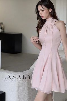 Lasaky - Chic Sleeveless Dress with Short Necktie Elegant A-line Party Sundress, Elegant Asymmetrical Sleeveless Dress For Summer, Elegant Asymmetrical Sleeveless Summer Dress, Elegant Pink Knee-length Sundress, Elegant Sleeveless Sundress For Summer, Elegant Sleeveless Summer Sundress, Feminine A-line Sleeveless Dress For Date Night, Elegant Pink Halter Neck Sleeveless Dress, Elegant Halter Neck Sundress For Day Out