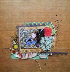 an altered photograph on a wooden table with scissors and other things around it, including paper