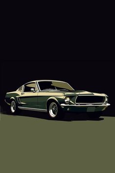 an old mustang muscle car is shown in black and green colors on a dark background