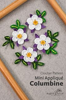 crochet pattern for mini applique columbine with white and purple flowers