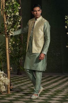 Turquoise kurta with embroidered placket and cuffs. Paired with a churidar and mughal printed bundi. - Aza Fashions Kurta Patterns, Kurta Set For Men, Nehru Jackets, Churidar, Kurta Set, Green Silk, Green Man, Aza Fashion, Full Sleeve