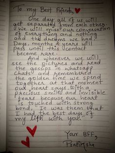 a note written to someone about their friend's love for her and his best friend