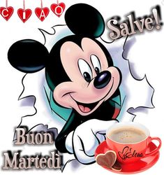 there is a cup of coffee with a mickey mouse on it and the words save