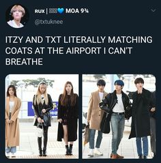 an image of some people standing together in front of a sign that reads itzy and txi literally matching coats at the airport i can't breathe