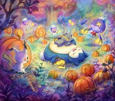 an image of a cartoon character sleeping in the grass with pumpkins and cats around