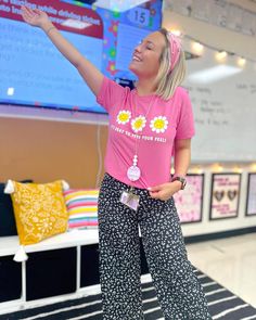 Your daily reminder that it’s okay to feel your feelings 🌼�💛 #teacherootd #teacherstyle #classroomdecor #sheinteacher #teacheroutfit #classroomsetup #highschoolteacher Retro Teacher Shirts, Smiley Face Teacher Shirt, Cute Teacher Shirts Ella + Brooks Co., Teacher Ootd, Teacher Aesthetic, High School Teacher, Teacher Style