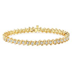 This elegant S-linked tennis bracelet features a dazzling array of diamonds. Crafted of lustrous 14k white gold, this bracelet fastens securely with a box clasp and safety latch.White Diamonds Diamonds: 38 Diamond cut: Round Diamond measurements: 2.9 mm Diamond weight: 4 carats Color: J-K Clarity: I2-I3 Setting: Prong Diamond Facts, Gold Tennis Bracelet, Textured Bracelet, Trending Bracelets, Jewelry Bracelets Gold, Simple Diamonds, Diamond Tennis Bracelet, Box Clasp, Diamond Bangle