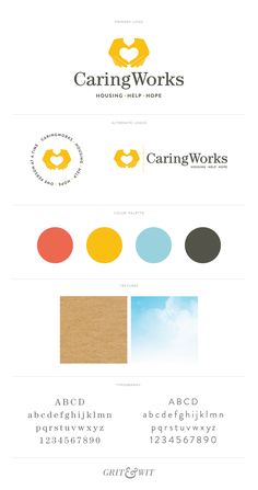 the logo design for caring works is shown in this image, with different colors and font