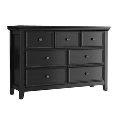 a black dresser with six drawers and one drawer on the bottom, in front of a white background