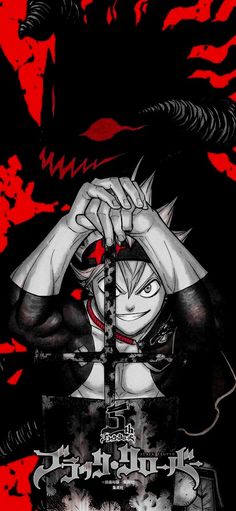 an anime character holding his head in front of red and black ink splattered background