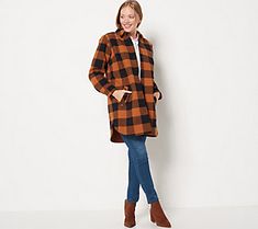 Shirt Jackets are the star of this season, and this one is a standout -- complete with fleece lining and buffalo-check print. Cozy-cabin vibes meet stylish-fall-outing vibes. Perfection. From Joan Rivers. Cabin Vibes, Ginger Black, Check Jacket, Check Coat, Checked Jacket, Shirt Jackets, Joan Rivers, Cozy Cabin, On Air