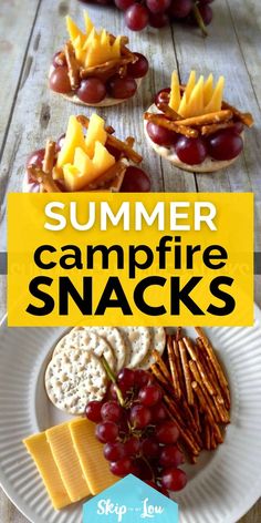 some crackers and grapes on a white plate with the words summer campfire snacks