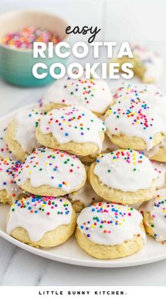 the recipe for easy ricotta cookies with white frosting and sprinkles