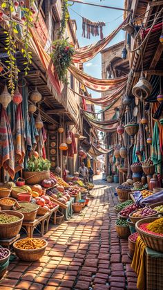 a painting of an outdoor market with lots of food