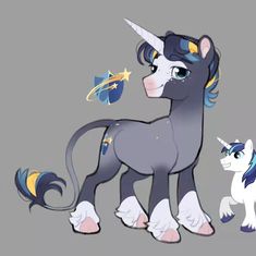 two cartoon unicorns standing next to each other on a gray background, one is looking at the camera