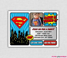 a superman birthday party card with an image of the batman and superman logo on it