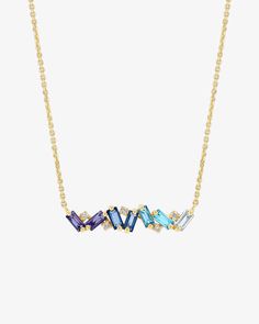 Kalan By Suzanne Kalan Amalfi Burst Blue Ombre Bar Pendant in 14k yellow gold Necklace Stack, Bar Pendant, Jewelry Tray, Swiss Blue Topaz, Baguette Cut, Blue Ombre, Topaz Gemstone, White Diamonds, Amalfi