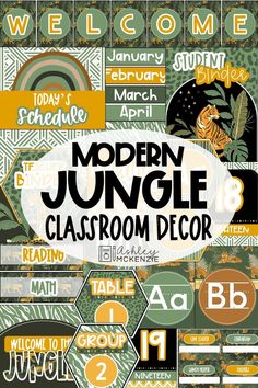 modern jungle classroom decor is featured in this poster