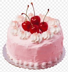 a pink cake with cherries and whipped cream frosting, on a white background