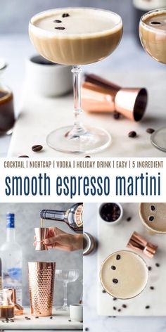 the cover of smooth espresso martini is shown in three different shots, including one with