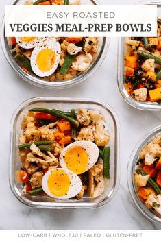 four glass bowls filled with food on top of a white countertop next to each other