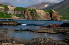 the mountains are covered in snow and green grass, with water flowing from them to the shore