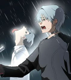 two anime characters in the rain with one holding an umbrella and another looking at something