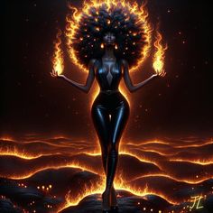 a woman with fire in her hair standing on the ground