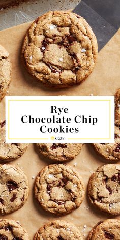 five chocolate chip cookies sitting on top of a piece of parchment paper with the words five chocolate chip cookies above them