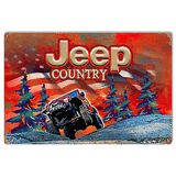 a jeep driving down a snow covered road next to pine trees and the words jeep country