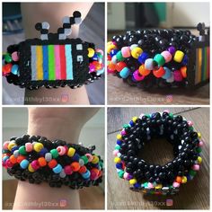 four different pictures of bracelets made out of beads and rubber balls, each with a colorful bead design