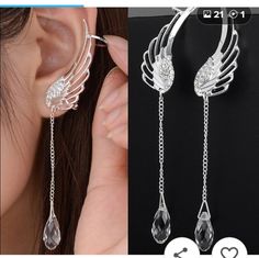 Nwt Angel Wing Earrings With A Beautiful Crystal Drop. 925 Sterling Silver. Cincin Diy, Silver Crystal Earrings, Fashion Angels, Tassel Earing, Angel Wing Earrings, Tassel Jewelry, Ear Stud, Wing Earrings, Earrings Drop