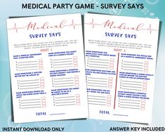 two medical party game - survey cards with the words medical party written on each card